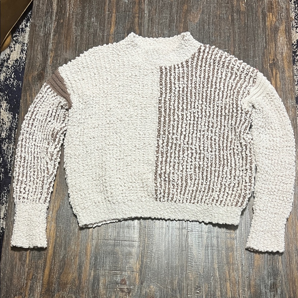 Bobeau Cream and Brown Textured Sweater